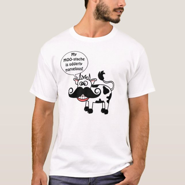 Funny Cartoon Cow Curly Moustache Smile T-Shirt (Front)