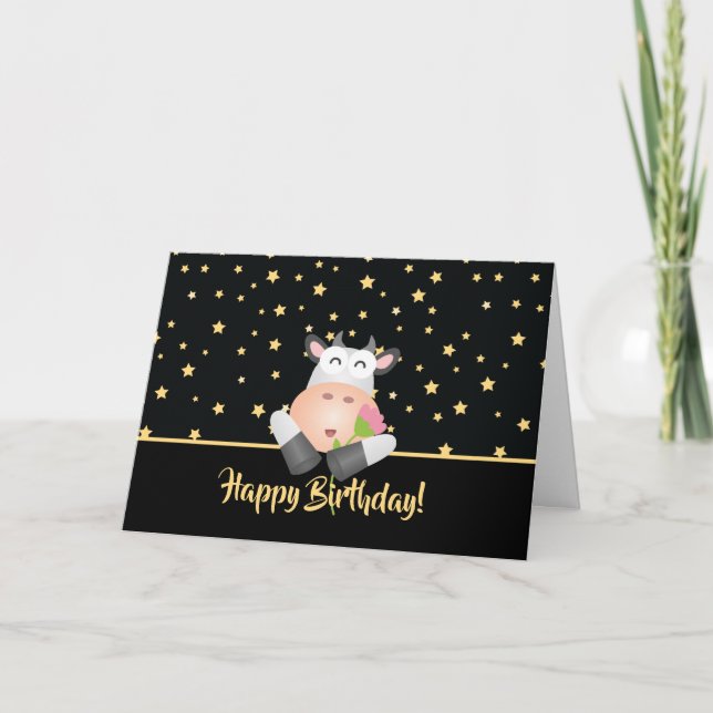 Funny Cartoon Cow With Flower Cute Happy Birthday Card (Front)