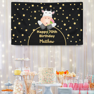 Funny Cartoon Cow With Flower Happy 70th Birthday Banner
