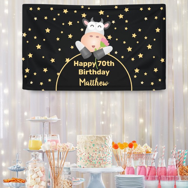 Funny Cartoon Cow With Flower Happy 70th Birthday Banner (Creator Uploaded)
