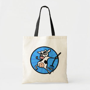FUNNY CARTOON COW WITH PITCH FORK TOTE BAG