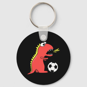 Funny Cartoon Dinosaur Playing Soccer Black Key Ring