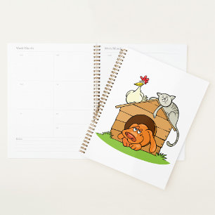 Funny Cartoon Dog Cat and Chicken on Doghouse  Planner