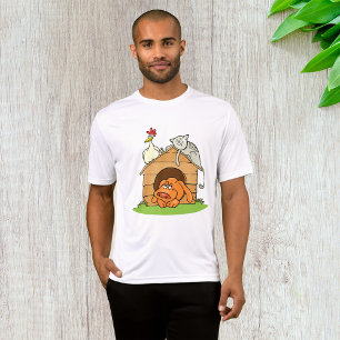 Funny Cartoon Dog Cat and Chicken on Doghouse  T-Shirt