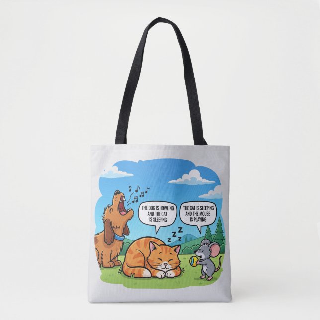 Funny Cartoon Dog, Cat, and Mouse Tote Bag (Front)