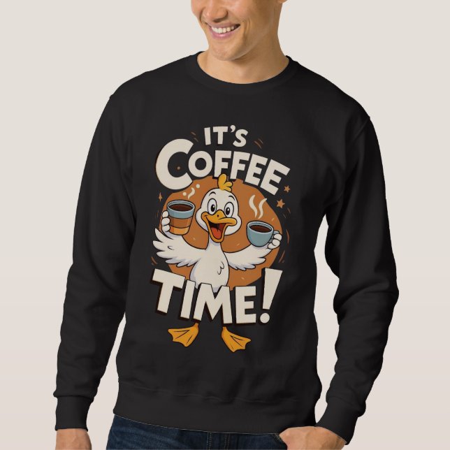 Funny Cartoon Duck Coffee Time Illustration Sweatshirt (Front)