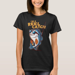 Funny cartoon fish with sunglasses and fishing rod T-Shirt