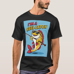 Funny cartoon fish with sunglasses and fishing rod T-Shirt