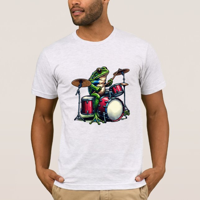 Funny Cartoon Frog Playing the Drums T-Shirt (Front)