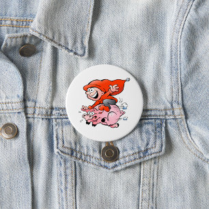 Funny Cartoon Gnome Riding Flying Pig 7.5 Cm Round Badge