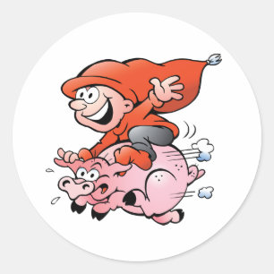 Funny Cartoon Gnome Riding Flying Pig Classic Round Sticker