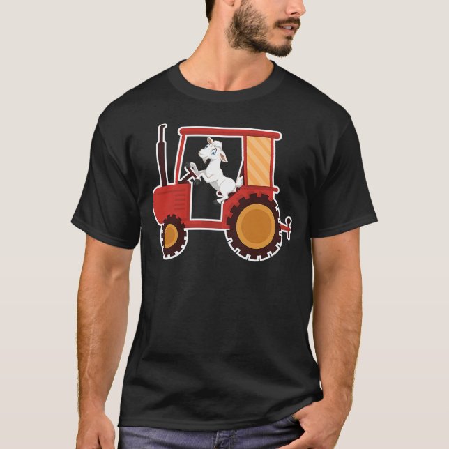 Funny Cartoon Goat Driving Tractor Farm Animals Lo T-Shirt (Front)
