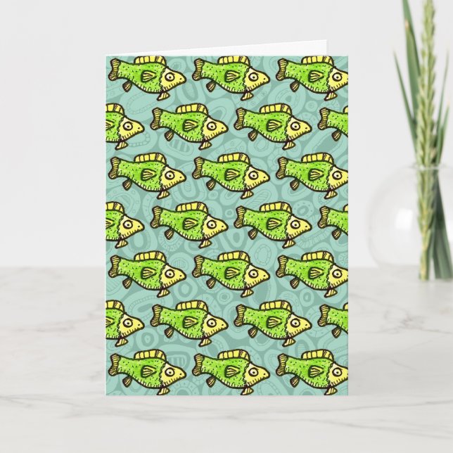 Funny Cartoon Green Fish Drawing Card (Front)