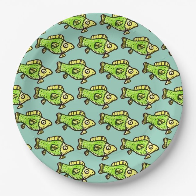 Funny Cartoon Green Fish Drawing Paper Plate (Front)