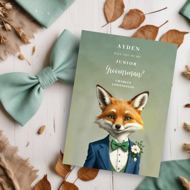 Funny Cartoon Humanoide Fox JR Groomsman Proposal  (Funny Cartoon Humanoide Fox JR Groomsman Proposal Cards in Green Shades.)