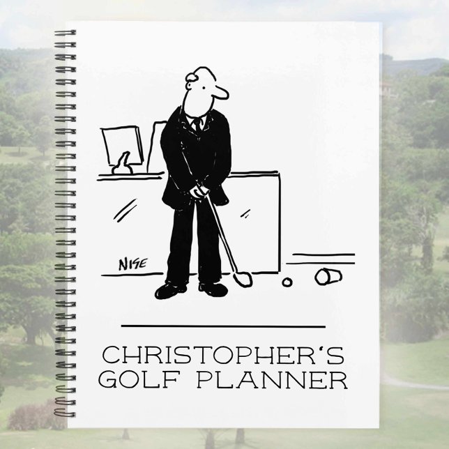 Funny cartoon illustration of an office golfer. planner (Creator Uploaded)