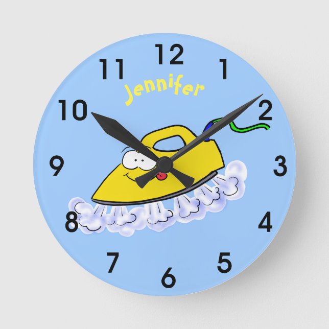Funny cartoon iron laundry illustration round clock (Front)
