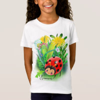 funny cartoon ladybug among summer flowers