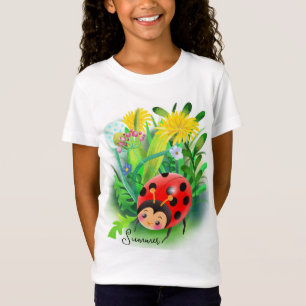 funny cartoon ladybug among summer flowers T-Shirt