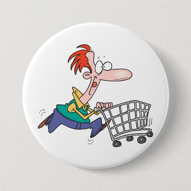 Funny Cartoon Man Running With Shopping Cart 7.5 Cm Round Badge (Front)