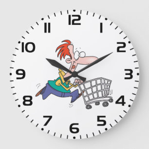 Funny Cartoon Man Running With Shopping Cart Large Clock