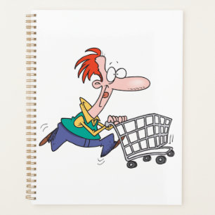 Funny Cartoon Man Running With Shopping Cart Planner