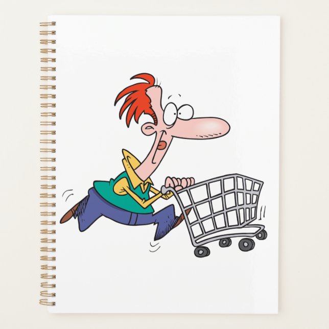 Funny Cartoon Man Running With Shopping Cart Planner (Front)