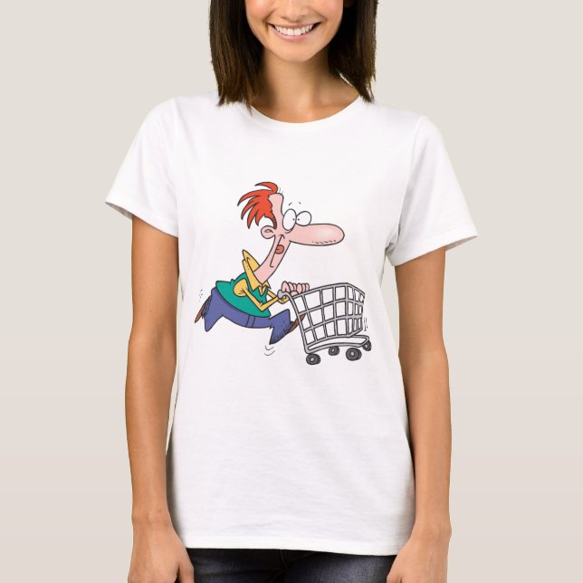 Funny Cartoon Man Running With Shopping Cart T-Shirt (Front)