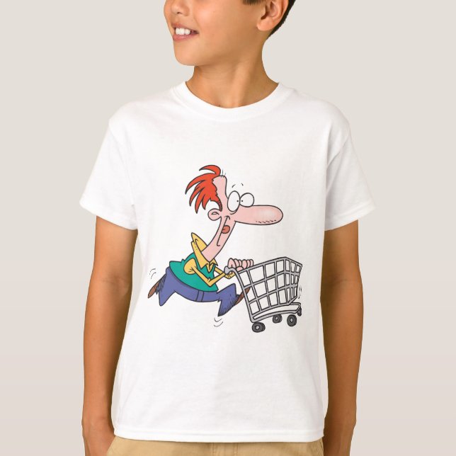 Funny Cartoon Man Running With Shopping Cart T-Shirt (Front)