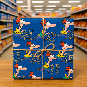 Funny Cartoon Man Running With Shopping Cart Wrapping Paper