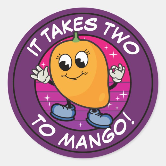 Funny Cartoon Mango Pun: It takes two to mango Classic Round Sticker (Front)