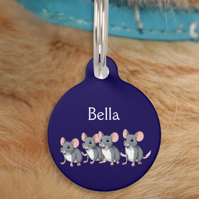 Funny Cartoon Mice Blue Cat Pet Tag (A cute ID tag for your pet cat, with mice picture, custom name, and your own text on the back)