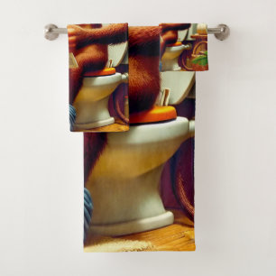 Funny Cartoon Monkey on Toilet  Bath Towel Set