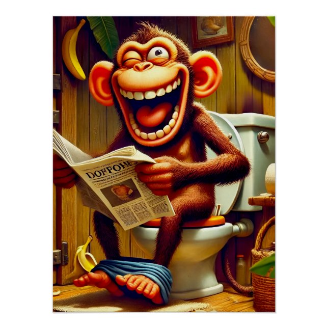 Funny Cartoon Monkey on Toilet  Poster (Front)