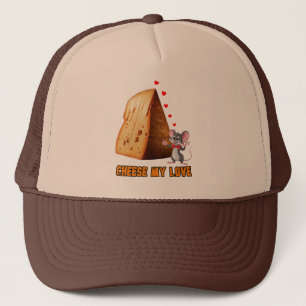 Funny Cartoon Mouse in Love with a cheese on a Trucker Hat