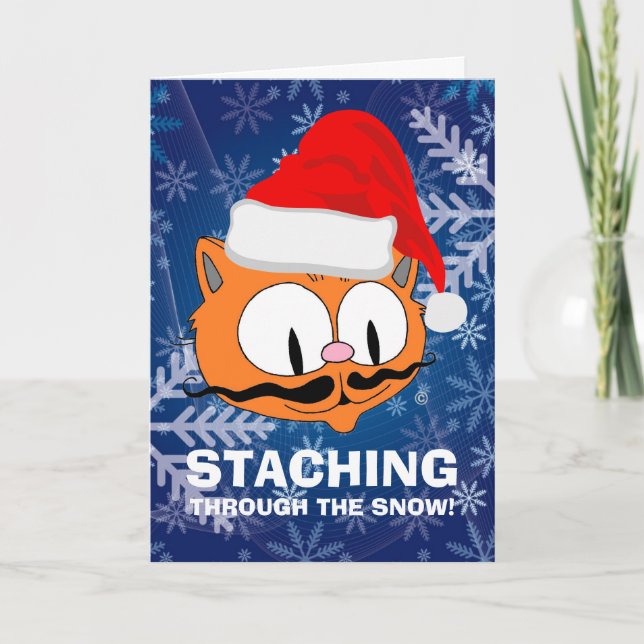 Funny Cartoon Moustache Cat Christmas Card (Front)