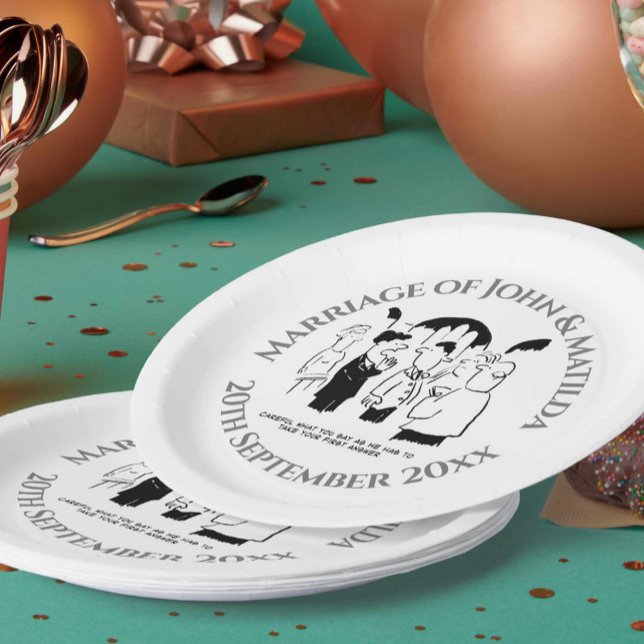 Funny Cartoon on a Wedding Day Wedding Reception Paper Plate (Creator Uploaded)