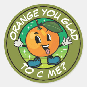 Funny Cartoon Orange Pun: Orange you glad to c me? Classic Round Sticker