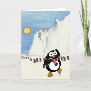 Funny cartoon penguin dancing. card