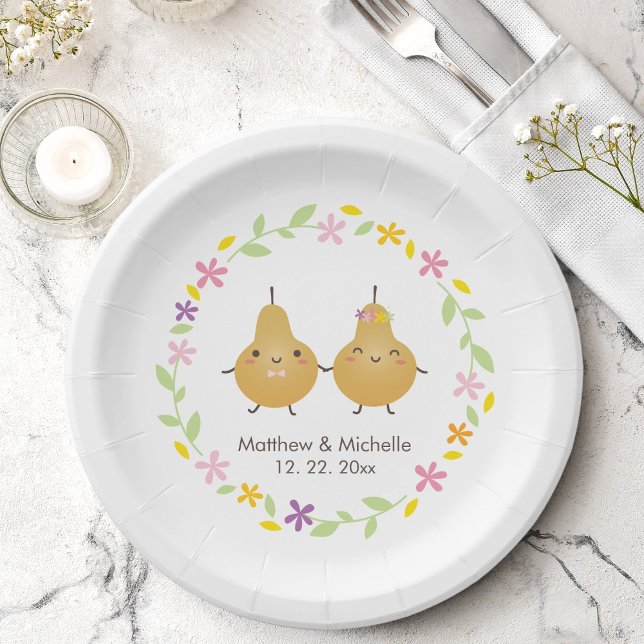 Funny Cartoon Perfect Pear Floral Wreath Wedding Paper Plate (Creator Uploaded)