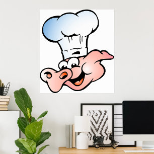 Funny Cartoon Pig Chef with Hat  Poster