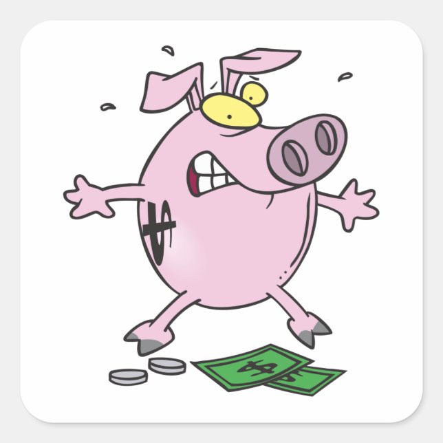 Funny Cartoon Piggy Bank Losing Money Square Sticker (Front)