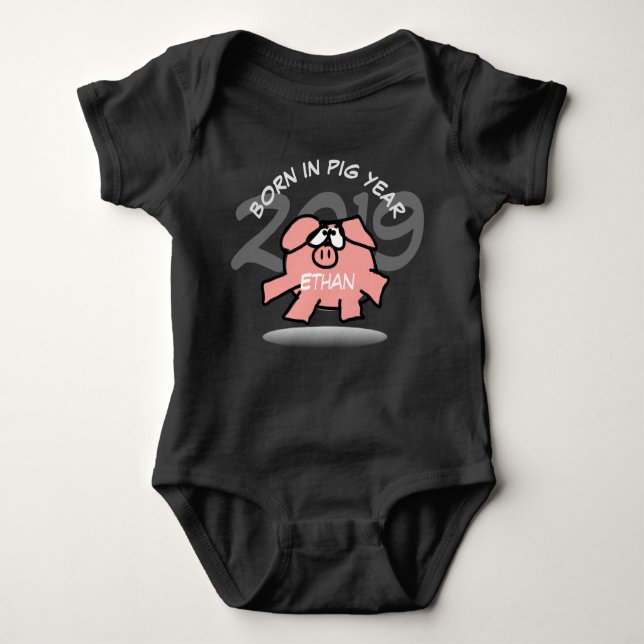 Funny Cartoon Pink Pig custom Personalised Baby B Baby Bodysuit (Front)