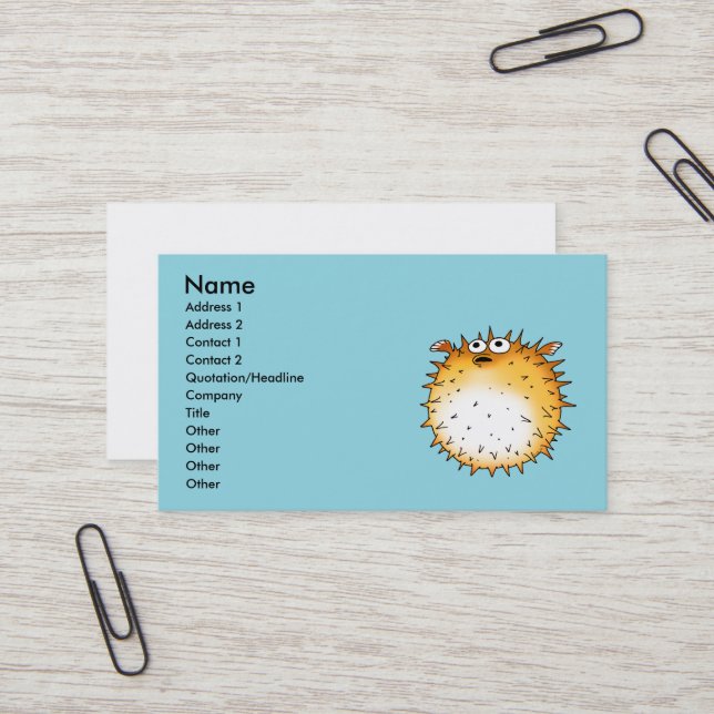 Funny Cartoon Puffer Fish Design Business Card (Front/Back In Situ)