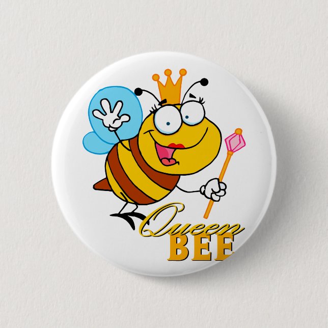 funny cartoon queen bee with text 6 cm round badge (Front)