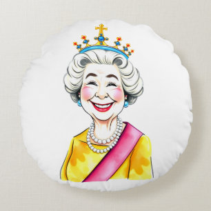 Funny Cartoon Queen Elizabeth II Royal Portrait Round Cushion