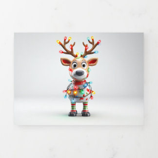 Funny cartoon reindeer in a Christmas light tangle Tri-Fold Holiday Card