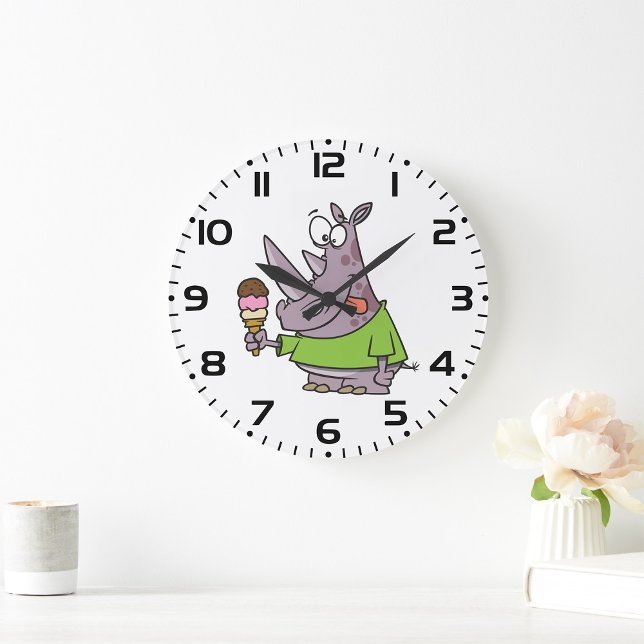 Funny Cartoon Rhino Eating Ice Cream Cute Animal  Large Clock (Creator Uploaded)