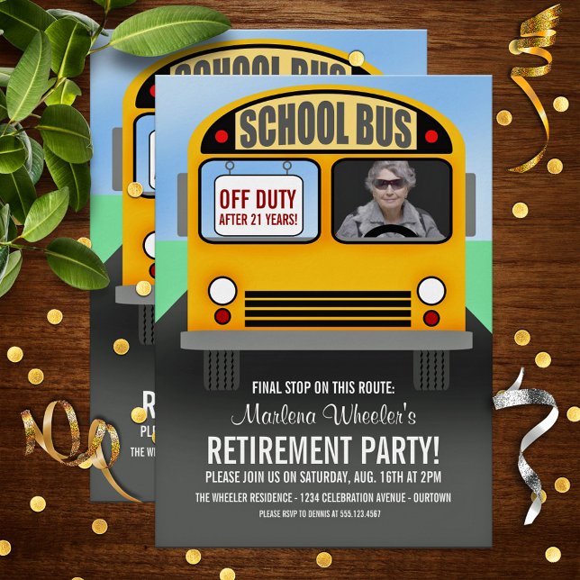 Funny Cartoon School Bus Driver Retirement Party  Invitation (Creator Uploaded)