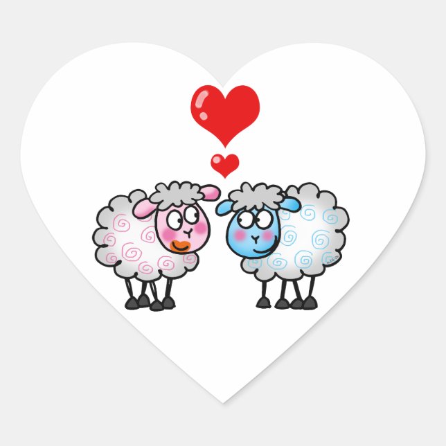 Funny cartoon sheeps, Wedding couple Heart Sticker (Front)